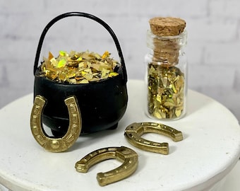 Pot of Gold St. Patrick's day miniature accessories, horseshoe, horse shoe, glass bottle, dollhouse