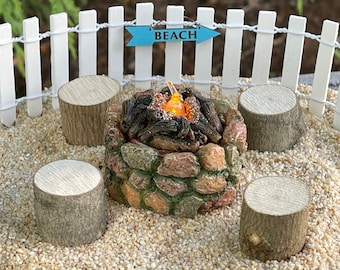 Fairy Garden Fire Pit, miniature firepit, LED battery operated flickering light, mini wood stumps, fairy garden accessories, diorama
