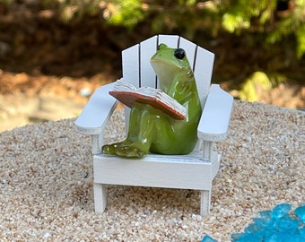Fairy Garden Miniatures Frog, book, Fairy Garden Accessories, Adirondack Chair, miniatures furniture, miniature reading frog, coffee mug