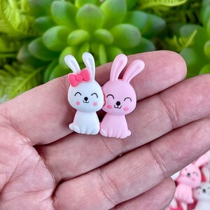 May include: Two small, cartoon bunny figurines. One is white with a pink bow and the other is pink. Both have smiling faces.