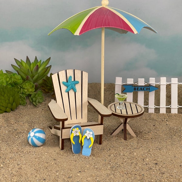 Miniature Beach Umbrella, Fairy Garden Accessories, Miniature Adirondack Chair, Miniature Beach Ball Mini Margarita, cake topper, flip flops