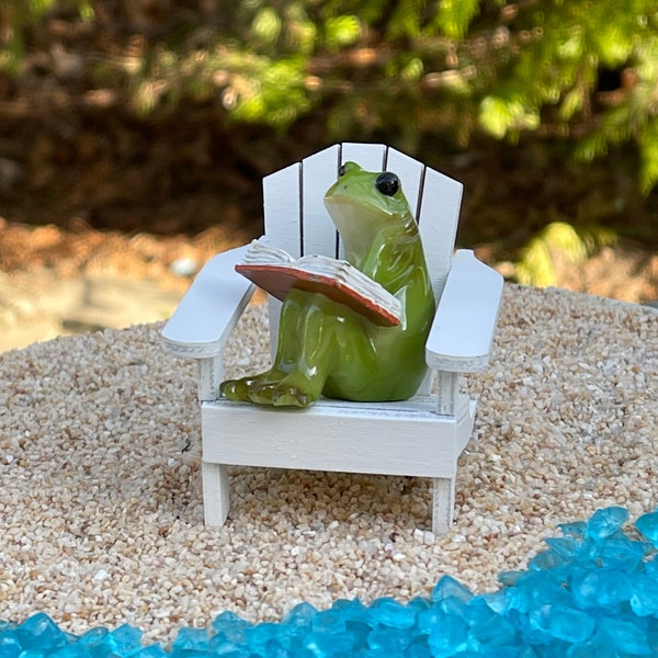 Fairy Garden Miniatures Frog, book, Fairy Garden Accessories, Adirondack Chair, miniatures furniture, miniature reading frog, coffee mug