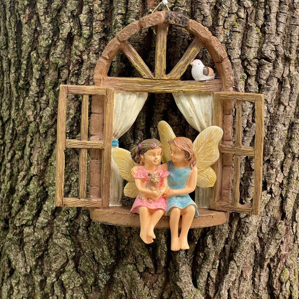 Fairy Garden Accessories Window sitting fairy friends sisters with kitty cat, mini bird, miniature garden accessory, window for tree stump