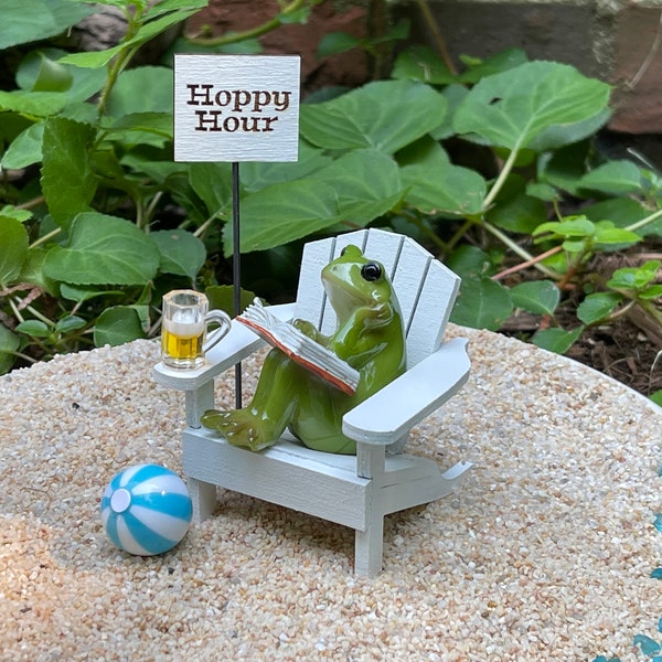 Fairy Garden Miniatures, miniature reading Frog, Fairy Garden Accessories, miniature Adirondack Chair, miniature beach ball, mini beer mug