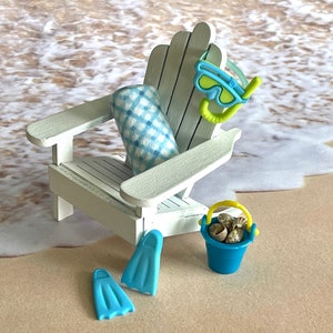 Fairy Garden Beach Miniatures, snorkel mask, scuba miniatures, Adirondack chair, bucket real shells, towel, fins flippers, SOLD SEPARATELY