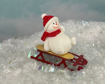 Miniature Sled Snowman Sleigh Figurine, Dollhouse Fairy Garden Mini, Diorama Craft Project, DIY Xmas X-mas, gift stocking stuffer snowmen