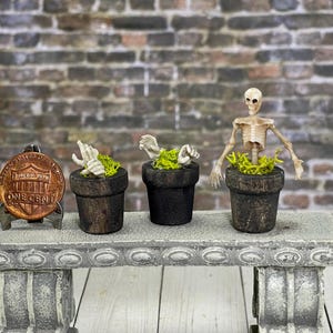 May include: A miniature Halloween-themed display featuring a penny, small black pots with skeleton hands and a skeleton figure, all arranged on a decorative stone bench. The pots are filled with green moss.