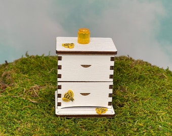 Miniature White Bee Hive, Miniature Beehive, Miniature Honey Jar, Bee Keeper's gift, fairy garden accessories, bee lovers, miniature bees