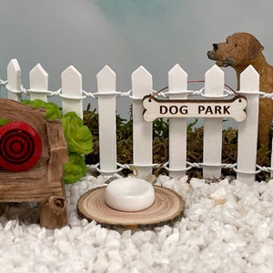 Dog Park Miniatures, Fairy Garden Accessories, Dog, Bowl, Chew Toy, Tub, Picket Fence, Bench, Golden Retriever, Labrador, dollhouse, disc