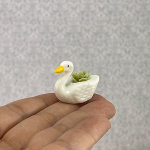 May include: A small, white ceramic swan planter with a yellow beak and a green succulent plant inside. The swan is held in a hand, showcasing its delicate details and miniature size. The background is a light gray patterned surface.