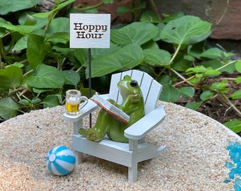 Fairy Garden Miniatures, miniature reading Frog, Fairy Garden Accessories, miniature Adirondack Chair, miniature beach ball, mini beer mug