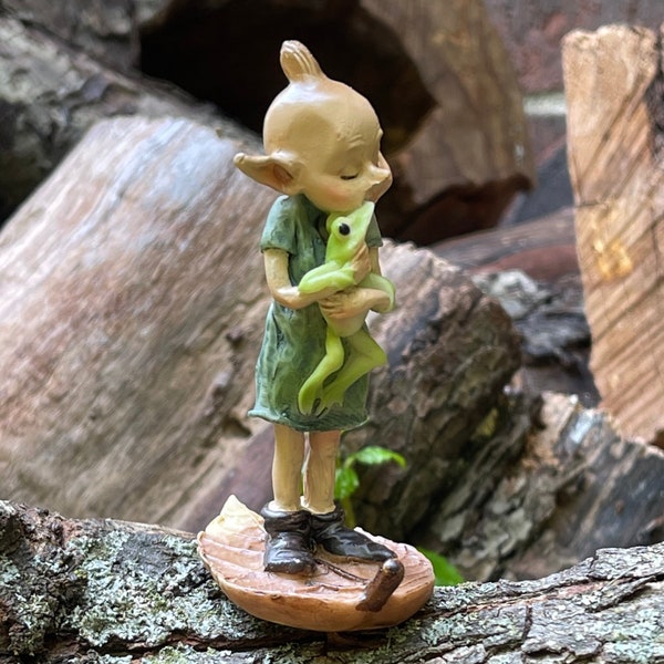 Miniature Pixie Hugging Frog, Fairy Garden Accessories Accessory Decor, Gardening Troll, figurine figure, Frog lover gift, Mini Imp, Gnome
