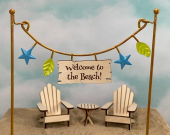 Miniature Beach Sign, Miniature Banner, Miniature Adirondack Chairs Table, Coastal Miniatures, Wedding Cake Topper, Birthday Cake topper