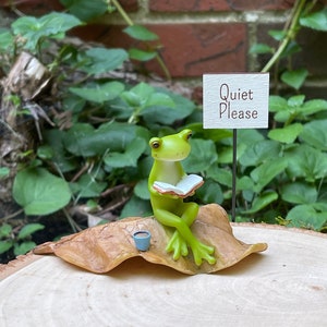 Fairy Garden Accessories, Miniature Frog Reading Book on Leaf Miniature Coffee, Miniature Sign Quiet Please! terrarium supply, frog figurine