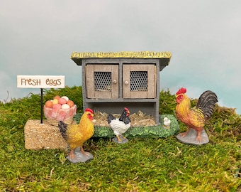 Miniature Chicken Coop, Miniature Chickens, Miniature Eggs, Fairy Garden Accessories, Basket of Egg, diorama,  sold separately or as a set