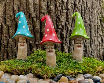 3 Miniature Mushrooms Men Mini Toadstool Man, Fairy Garden Gnome Garden Terrarium Accessories, Whimiscal Cute Pick, face, woodland accessory