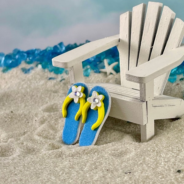 Miniature Flip Flops Blue, Miniature Handcrafted Adirondack Chair, Beach Garden Miniatures, Cake Topper, Fairy Garden Accessories