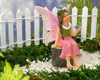 Fairy Garden Accessories sitting Girl Fairy Figurine  - miniature accessory  - terrarium supply - fairy accessories - Wood Slice Stump Chair