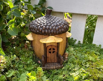 Acorn House Cottage, Fairy Cottage, Gnome House, hinged door, fairy garden accessories, Miniature Fairy House, miniature squirrel, Fall Mini