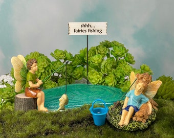 Miniature Fairy Garden Fishing Set, Fairy Figurine, Fishing Sign, Acrylic Pond, Boy Fairy with Dog, DIY Fairy Garden, Mother's Day Gift