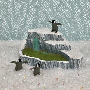 Miniature Arctic Pond Waterfall, Miniature Baby Penguin, Fairy Garden Accessory, miniature pond, faux water Christmas Fairy Garden Accessory