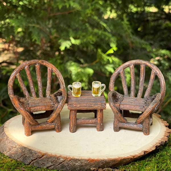 Miniature Chair Table, Woodland Furniture, Fairy Garden Accessories, Miniature Beer Mug, Miniature Table, Dollhouse Miniatures, cake topper