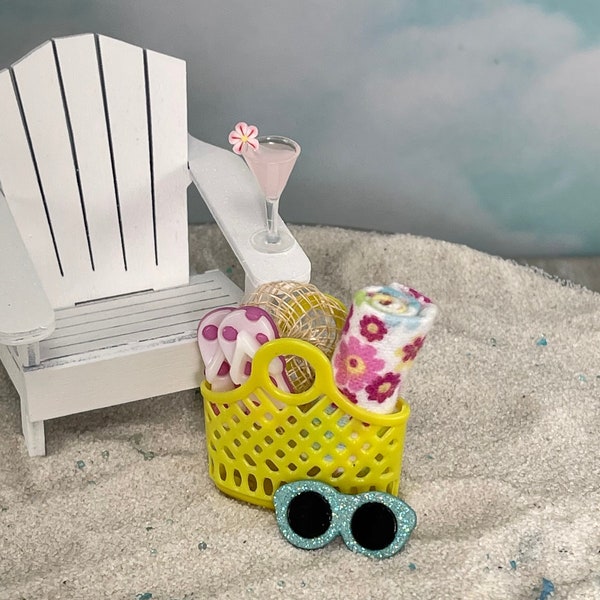 Miniature Beach Bag Tote, Dollhouse Beach Bag 1:12 Scale, Beach Cake topper, Flip Flops, Towel, Sunglasses, Miniature Cocktail, Beach Minis