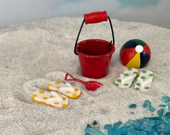 Miniature Beach Bucket Pail, Miniature Beach Shovel, Miniature Beach Ball, beach wedding, coastal terrarium supply, Miniature Flip Flops