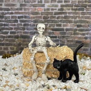 Halloween Miniatures, miniature posable skeleton, miniature hay bale, Dollhouse Porch minis, tiered tray, Halloween Fairy Garden Accessories