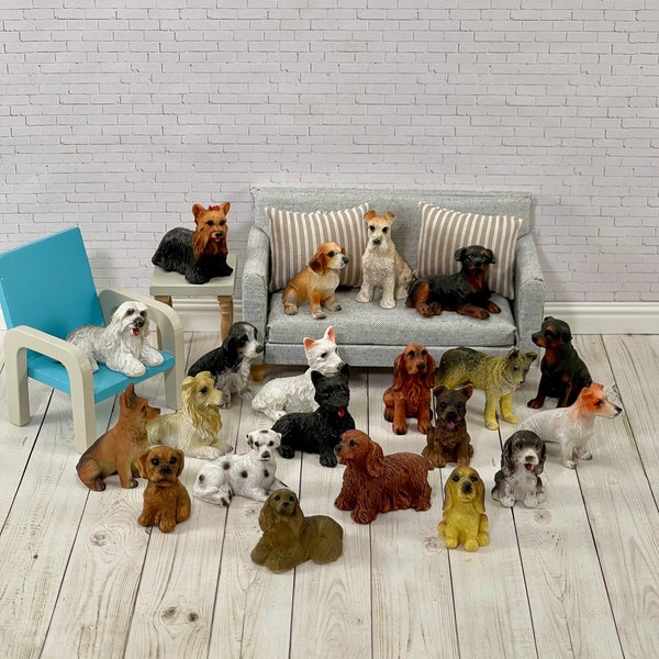 ONE Miniature Dog Figurine, Dollhouse Puppy, Dog Lover, Fairy Garden Mini Terrier Rottweiler Spaniel Sheepdog Scottie West Cocker Yorkie Pet