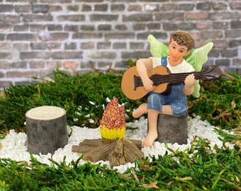 Miniature Boy Fairy Guitar Fire Pit Firepit, Campfire Campground, Mini Figurine, Terrarium diorama supply, musician gift musical acoustic