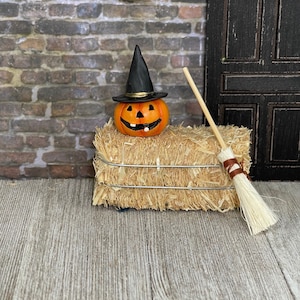 Miniature Jack O Lantern Witch Hat, Fall miniatures, Halloween Broom, Dollhouse Porch Miniatures, Tiered Tray Decor, Pumpkin Mini Hay Bale