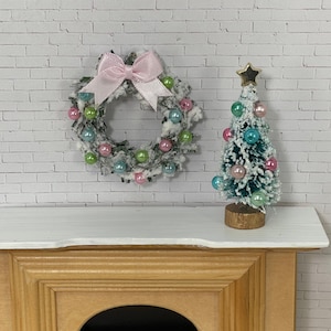 Miniature Christmas Wreath, Dollhouse Door, Pastel Miniatures, Farmhouse Minis, Shabby Cottage Vintage Style, Bottlebrush Tree, Holiday 1:12