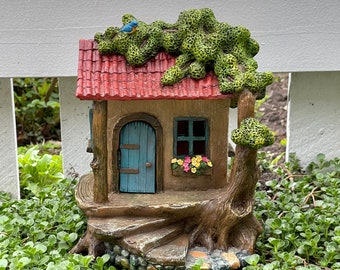 Fairy Garden Rustic House Cottage Hinged Door Opens Opening, Tree House, Woodland Stairway Stairs, Accessory Accessories Outdoor Decoration