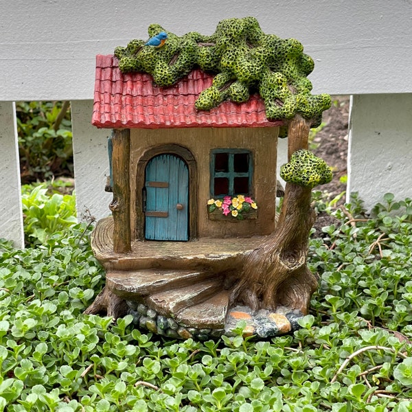 Fairy Garden Rustic House Cottage Hinged Door Opens Opening, Tree House, Woodland Stairway Stairs, Accessory Accessories Outdoor Decoration