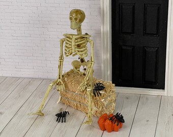 Halloween Miniatures Skelton on Hay Bale, Mini Pumpkin Spider, Diorama Fairy Garden, Scary Front Porch Dollhouse, Tiered Display