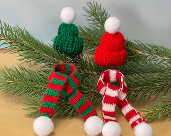 ONE Miniature Snowman Hat Scarf, Knit Miniatures, Craft Supplies, Accessories for Snowman, Dollhouse, Fairy Garden, Doll, Elf Supplies