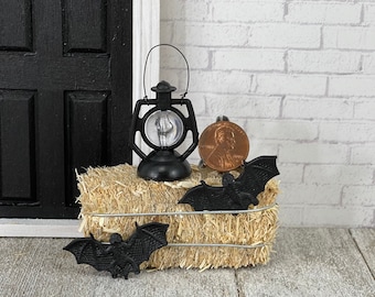 Halloween Miniatures, Mini Bat, Miniature Halloween Lantern, Miniature Hay Bale, Dollhouse Porch, Fall Decor, Diorama, Craft Supplies
