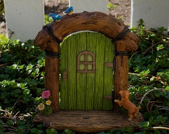 Fairy Garden Door, Rustic Doorway Puppy Dog Bluebirds, HInged Opens, Miniature Accessories, Gnome Terrarium Accessory, Outdoor Minis Gift