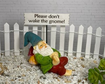 Fairy Garden Gnome miniature garden sleeping gnome, handcrafted sign Please Don't wake the gnome! mini Figurine Figure accessory accessories