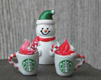 Set of 12 Cups of Cappuccino with Cane Red Heart Dollhouse Miniatures Food