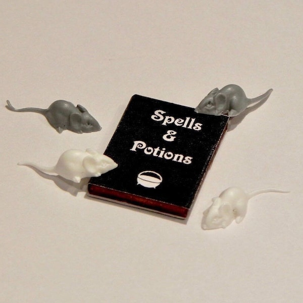 Miniature Book Halloween Spells & Potions, tiny miniature mouse mice grey gray white, fairy garden accessory, Halloween miniatures dollhouse