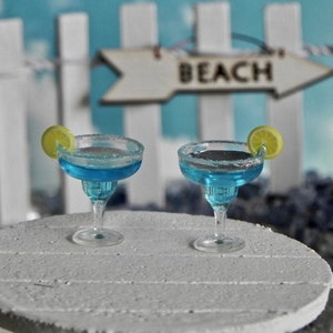 Miniature Cocktail Margarita Blue drink, miniature beach fairy garden miniatures, picket fence, miniature beach arrow sign, dollhouse supply