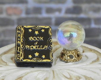 Halloween Miniatures Book &#39;crystal&#39; ball, miniature Book of Spells book, dollhouse miniatures, fairy garden accessories, Book Button shank