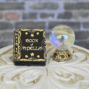 Halloween Miniatures Book 'crystal' ball, miniature Book of Spells book, dollhouse miniatures, fairy garden accessories, Book Button shank