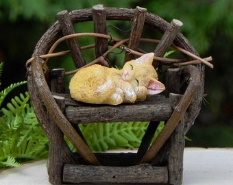 Miniature Twig Bench, wooden bench, fairy garden bench, fairy garden accessory, miniature bench, miniature sleeping cat, miniature kitty cat