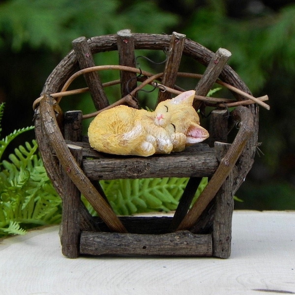 Miniature Twig Bench, wooden bench, fairy garden bench, fairy garden accessory, miniature bench, miniature sleeping cat, miniature kitty cat