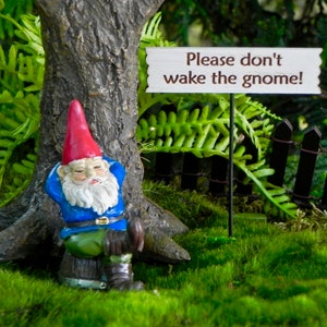 Miniature Garden Gnome Sleeping, handcrafted sign, fairy garden miniatures, fairy garden accessories