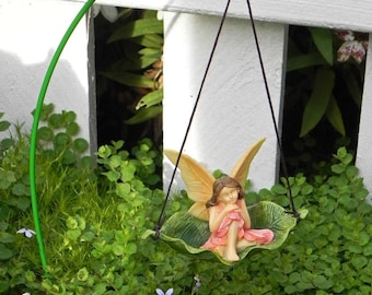 Fairy Garden Swing Leaf, leaf swing with fairy figurine, fairy garden accessories, fairy garden miniatures, green wire hook included