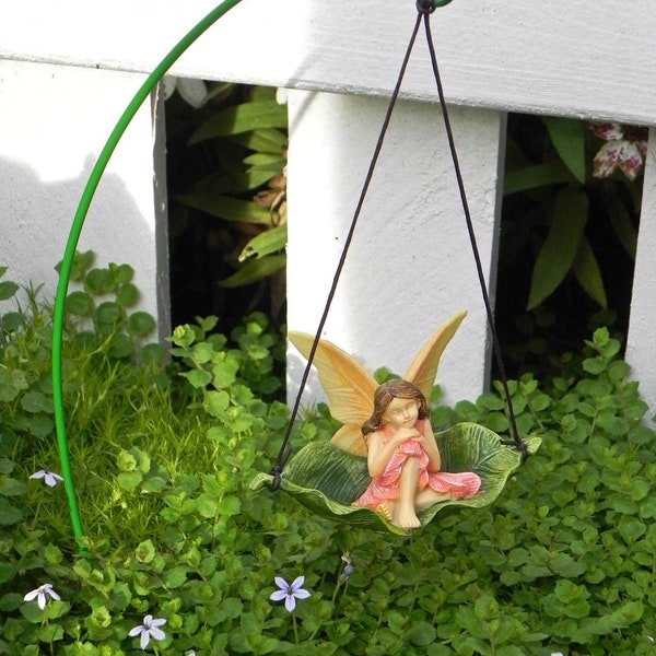 Fairy Garden Swing Leaf, leaf swing with fairy figurine, fairy garden accessories, fairy garden miniatures, green wire hook included